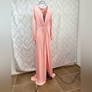 Lexi Drew baby pink long sleeve v neck maxi dress with leg slit size M